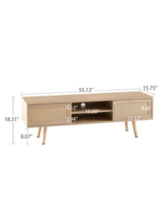 55.12" Rattan Coffee Table - Double Sliding Doors for Storage, Adjustable Shelf, Solid Wood Legs for Living Room