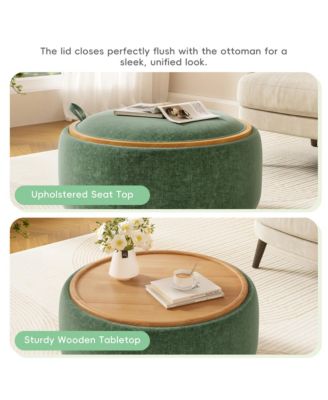 29" Round Storage Ottoman - Modern Coffee Table with Reversible Lid, Wood Frame, Chenille Fabric Footrest for Living Room