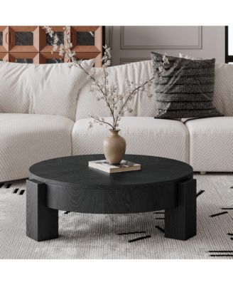 31.5'' Round Coffee Table with Hidden Storage - Wood Parquet Veneer Top Table, 3 Block Legs, Center Accent Table for Living Room
