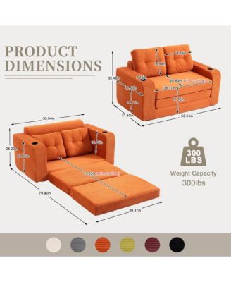 Boneless Convertible Sofa Bed, Soft Corduroy Loveseat with Cup Holders and Pillows, Space Saving Fold Out Floor Couch for Home