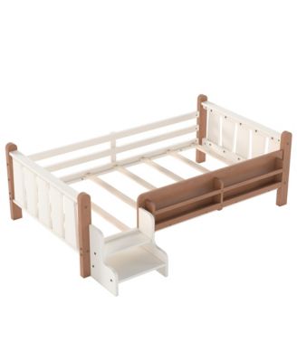 Kids Floor Bed Frame with Storage Bookcases and Stairs, Twin Size Solid Wood Low Profile Bed with Guardrails for Boys Girls