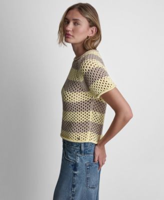 Women's Short-Sleeve Raglan Stripe Pointelle Pull-On Sweater