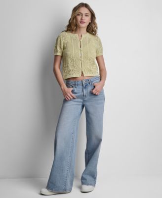 Women's Short Sleeve Crew Neck Floral Pointelle Cardigan