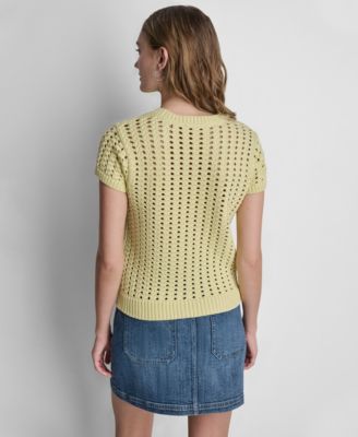 Women's Short-Sleeve Chunky Pointelle Crewneck Sweater 