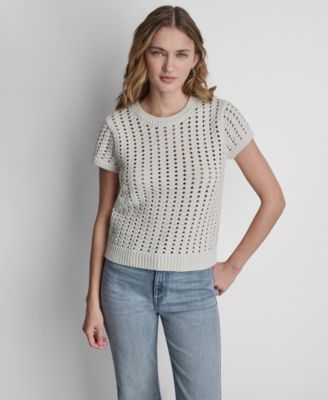 Women's Short-Sleeve Chunky Pointelle Crewneck Sweater 