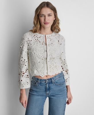 Women's Long-Sleeve Floral Crochet Crewneck Cardigan With Scallop Hem