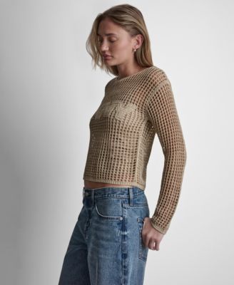 Women's Long-Sleeve Pointelle crochet open-stitch Boat Neck Logo Sweater 