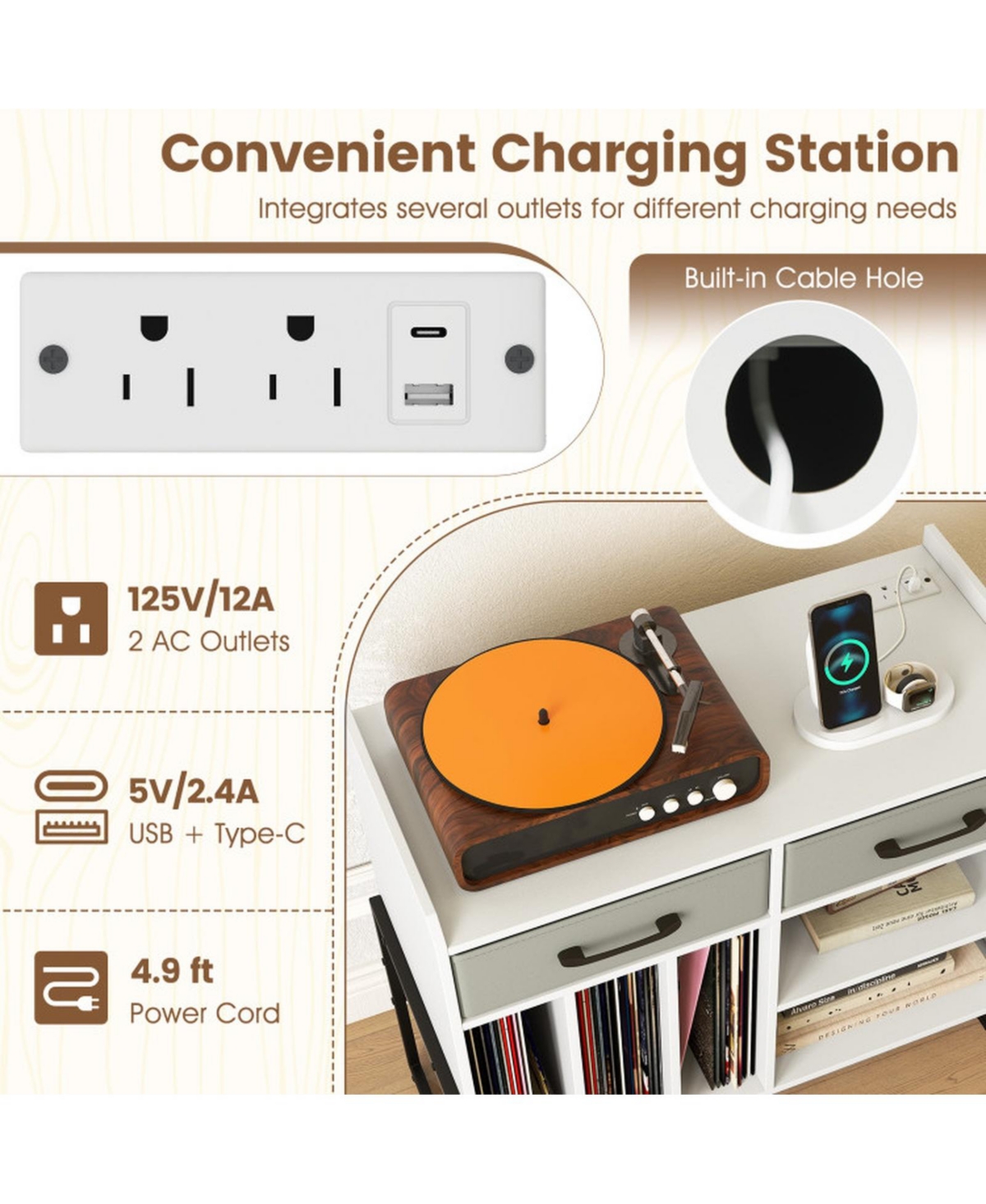 Gouun Vinyl Storage Cabinet with Charging Station and Adjustable Shelf
