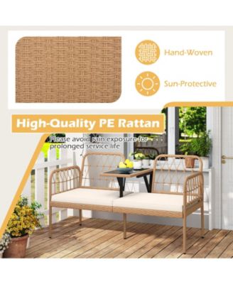 Outdoor PE Rattan Loveseat with Built In Table and Cushions