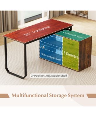 55" L Desk Reversible with 3 Drawers and Adjustable Storage Shelf