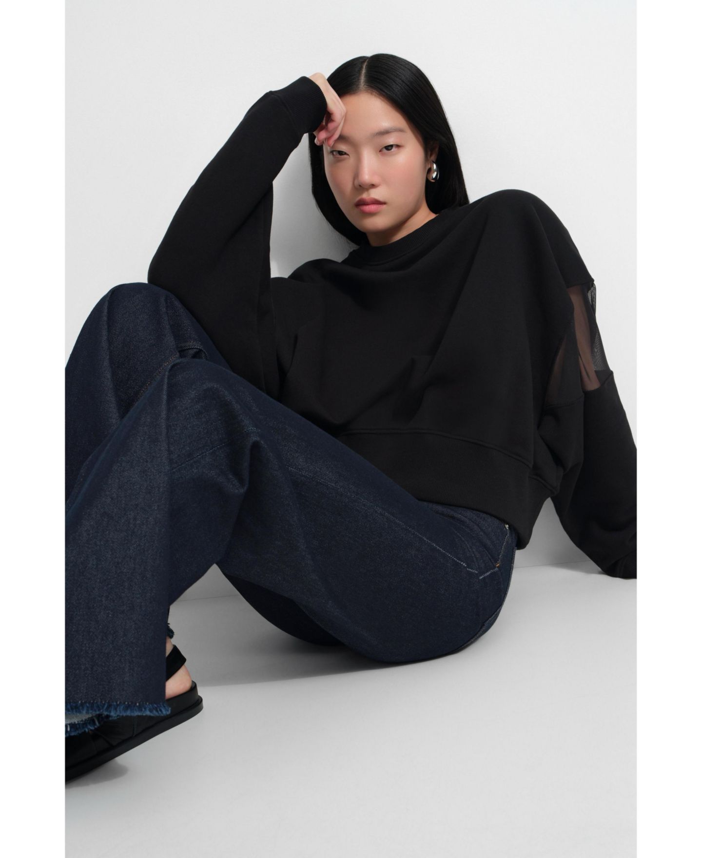 Женский свитшот Marcella Iara Mesh-Sleeve Panel Dropped-Shoulder Ribbed-Hem, цвет: Чёрный — фото 8