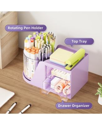 Desk Organizer Rotating Pen Holder 2 Drawer Storage 6 slots