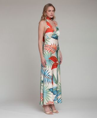 Women's Printed Halter Scarf-Tie Maxi Dress