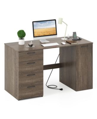 53 Inch Grey Office Desk with Built In Power Outlets and 4 Drawers