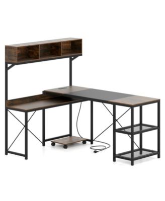 62 Inch Brown L Shaped Desk with Power Outlet and Storage Hutch
