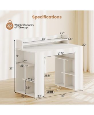 43 Inch White Writing Desk with Built In Power Outlets and 2 Bookcases