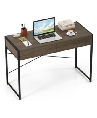 44” Home Oak Office Desk with 2 Storage Drawers and Metal Frame