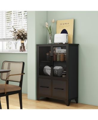 Metal Storage Cabinet, Modern Sideboard Buffet Cabinet with 4 Iron Doors and Adjustable Shelf for Living Room and Kitchen