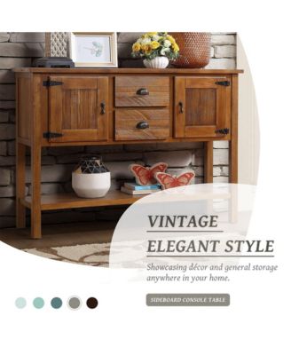  Solid Wood Sideboard Console Table, Retro Style Storage Dining Buffet Cabinet with 2 Drawers, Cabinets and Bottom Shelf for Living Room
