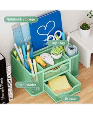 Mesh Desk Organizer Pen Holder 2 Drawer 5 Compartments Office