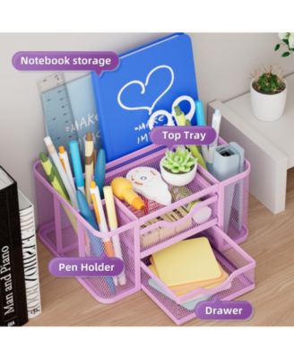 Mesh Desk Organizer Pen Holder 2 Drawer 5 Compartments Office