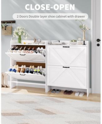 Farmhouse Shoe Cabinet with 2 Flip Drawers, White, Slim Entryway Storage with Metal Legs