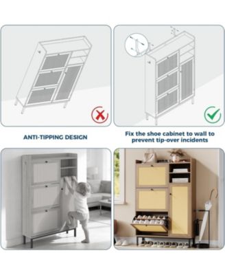 Rattan Shoe Cabinet with 3 Flip Drawers and Metal Legs, 20.08 x 9.25 x 51.38 in
