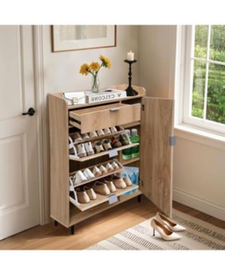 Oak Wavy Shoe Cabinet with 2 Flip Drawers and 2 Small Drawers, Metal Legs, 9.45 in Deep Slim Entryway Storage Organizer