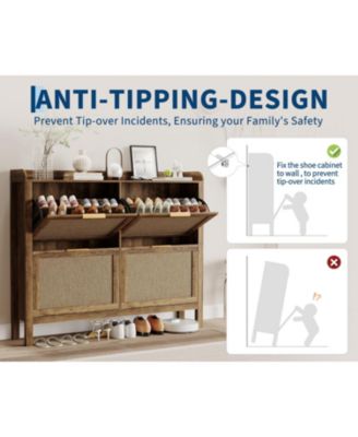 Rattan Shoe Cabinet with 4 Flip Drawers, 47 Wide Slim Entryway Storage, 9.45 Depth