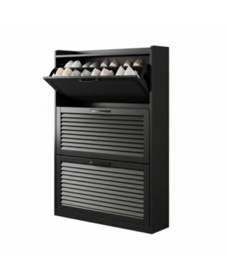 Shoe Storage Cabinet 2 Flip Louvered Doors Freestanding Organizer Metal Entryway Narrow Rack Large Capacity