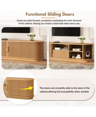 Fluted TV Stand for TVs up to 75", Farmhouse Media Console Entertainment Center with Sliding Wood Slatted Doors and Drawer for Living Room