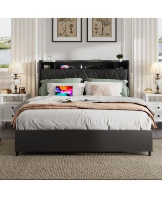 Queen Bed Frame with Ergonomic Headboard, Outlets & Storage Shelf