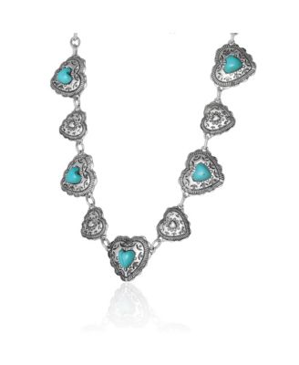 JS Turquoise Concho Statement Necklace Antique Silver Tone