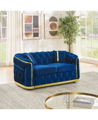 Mid Century Modern Chesterfield Loveseat Couch, Velvet Blue & Gold Tufted Sofa