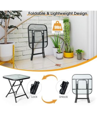 18'' Foldable Patio Side Table Square Coffee Bistro Table w/ Tempered Glass Table Top