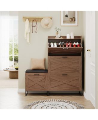 Farmhouse Shoe Cabinet with 4 Flip Drawers and Upholstered Bench, Walnut Entryway Storage