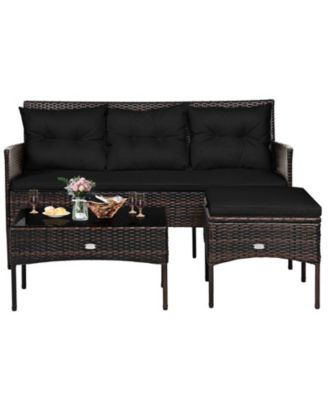 3-Piece Outdoor Rattan Sectional Sofa Set with Ottoman and Coffee Table