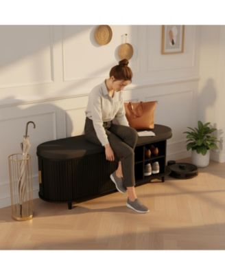 2-Tier Storage Shoe Bench Thickened Padded Seat Mid Century Modern Fluted Sliding Door Adjustable Shelf