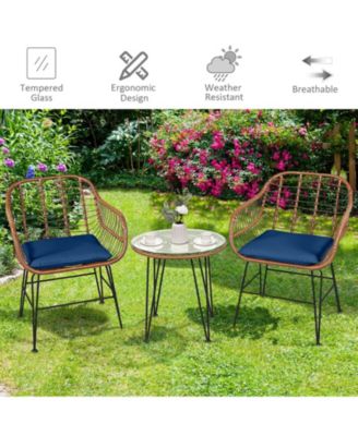 3-Piece Patio Rattan Bistro Set with Cushioned Armchairs