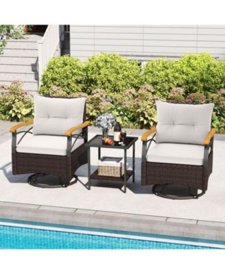 3-Piece Outdoor Swivel Wicker Chair Set with Tempered Glass Side Table