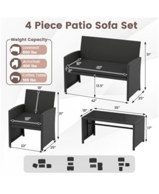 4-Piece Patio Rattan Furniture Set with Removable Cushions and Glass Table