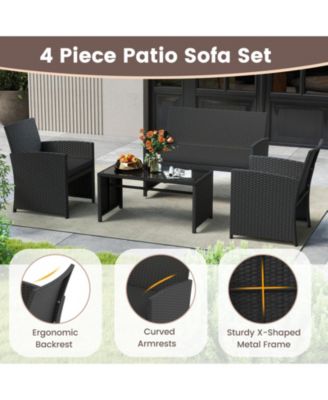 4-Piece Patio Rattan Furniture Set with Removable Cushions and Glass Table