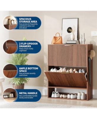 Fluted Shoe Cabinet with 2 Flip Drawers, Open Bottom Shelf and Side Hooks for Entryway Storage