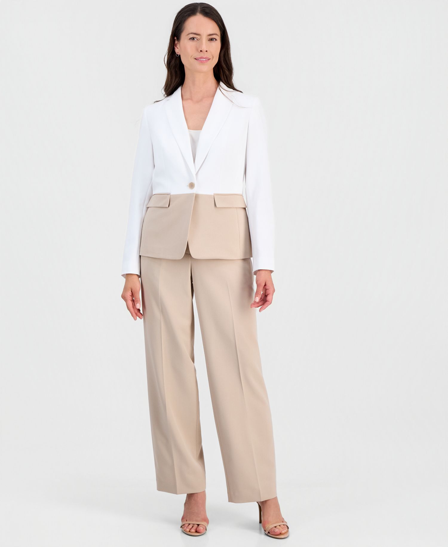 Colorblocked One-Button Peplum Jacket & Fly-Front Wide-Leg Pants Suit
