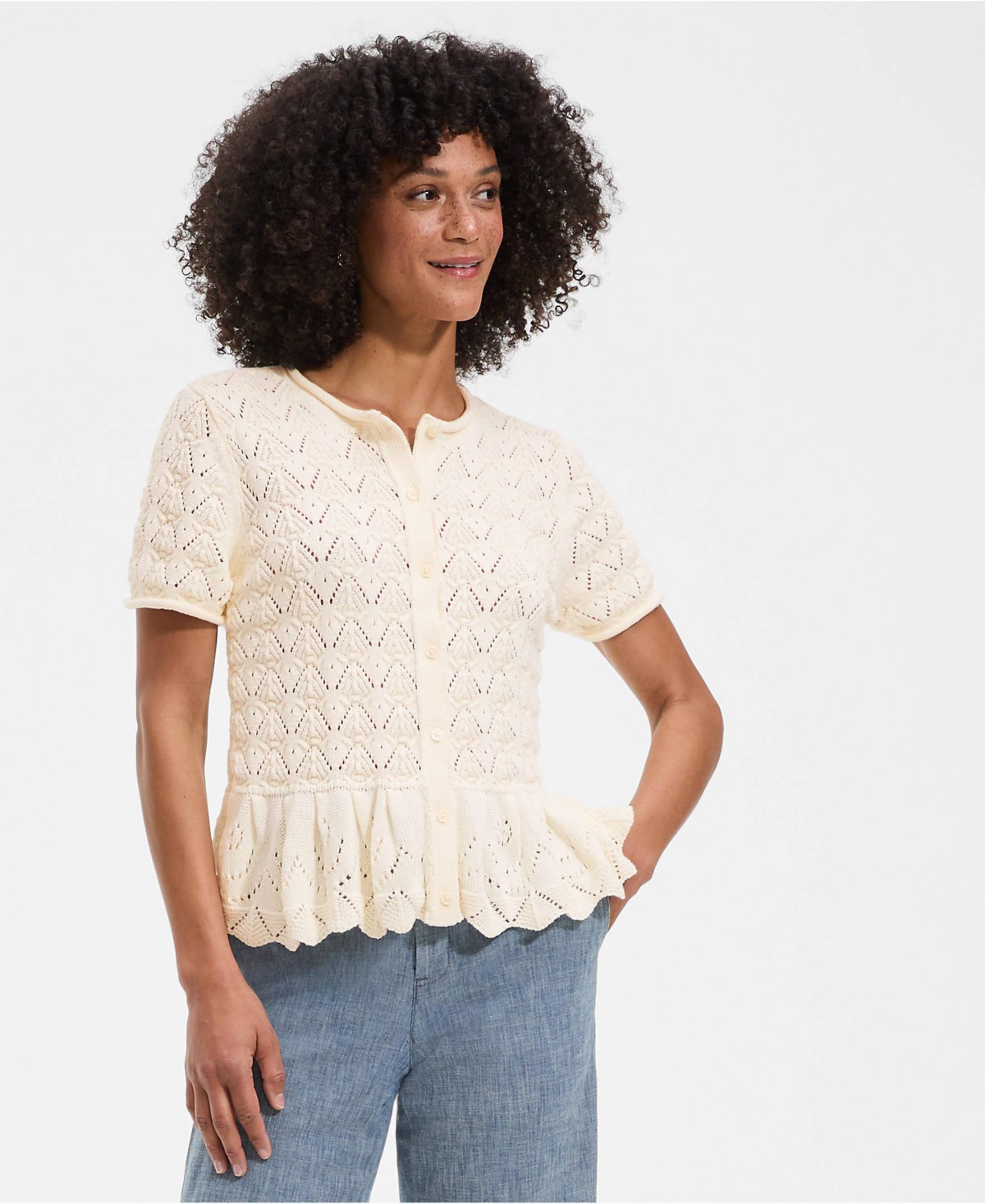 Lands' End Women's Drifter Pointelle Ruffle Hem Cardigan Sweater