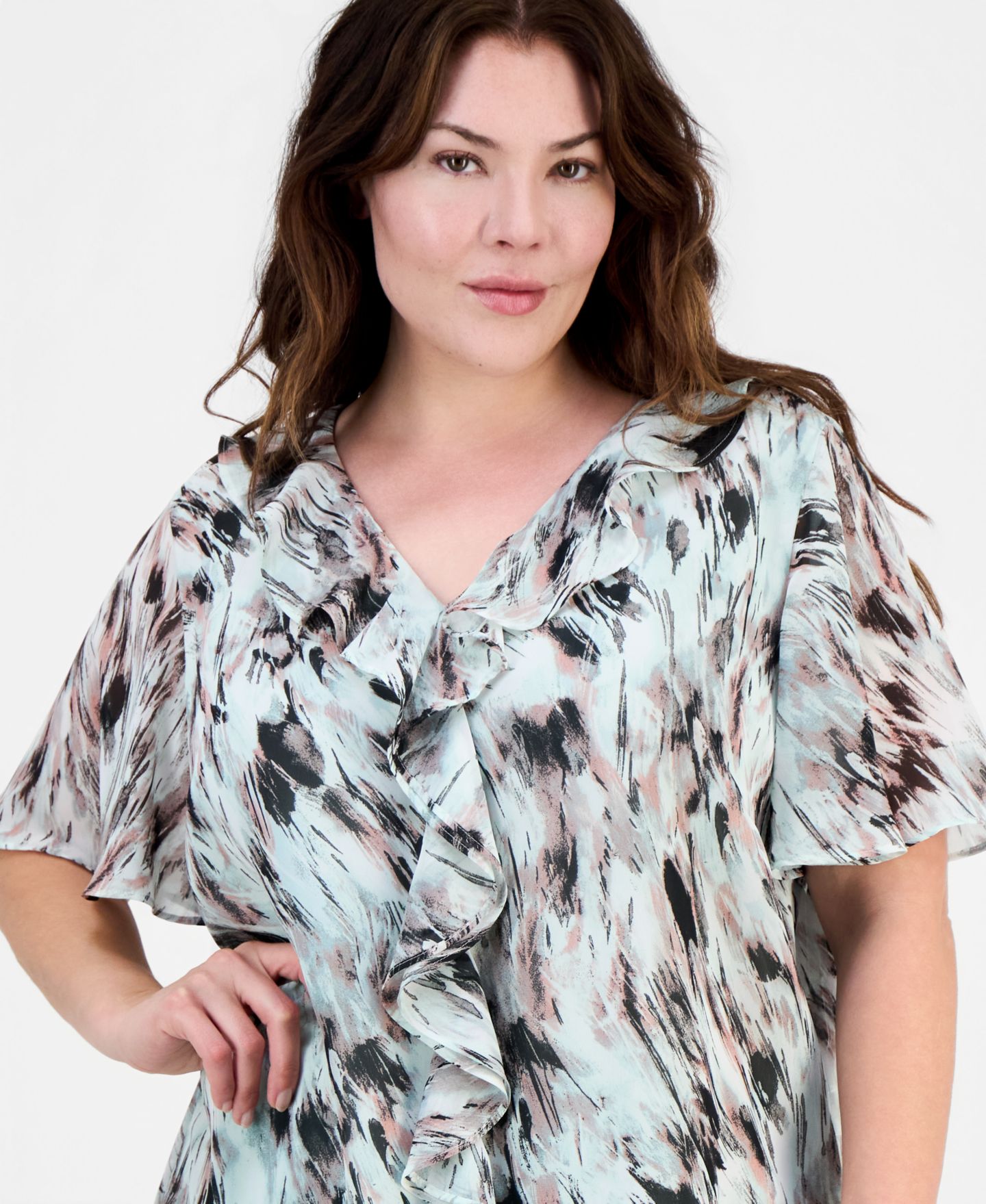 Женская блузка Kasper Plus Size Printed Ruffled Flutter-Sleeve Blouse, цвет: Морской разноцветный — фото 3