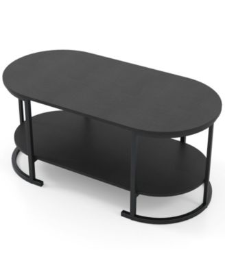 Wooden Oval Coffee Table 2 Tier with Open Storage Shelf