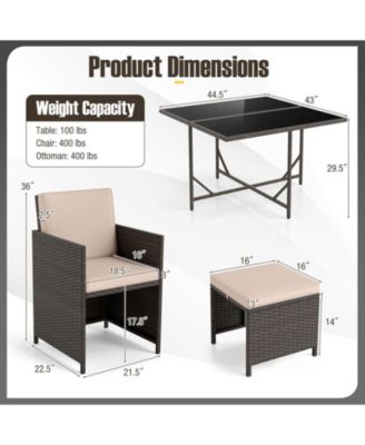 Set Of 9 Patio Dining Set with Tempered Glass Table and Ottoman Removable Cushions