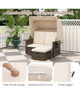 Outdoor Patio Rattan Daybed with Retractable Canopy and Backrests