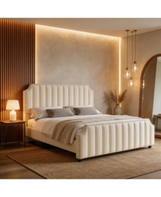 Upholstered Bed Frame with Headboard and Footboard, Bed Frame with Strong Wooden Slats Support
